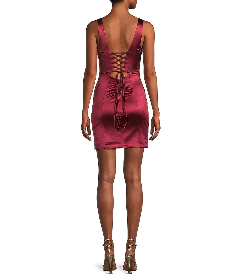 Honey and Rosie Sateen Deep V-Neck Corset Inspired Front Slit Lace Up Tie Back Dress
