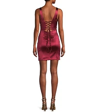 Honey and Rosie Sateen Deep V-Neck Corset Inspired Front Slit Lace Up Tie Back Dress