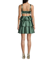 Honey and Rosie Sateen Square Neck Pleated Bodice Back Cut-Out Tiered Dress