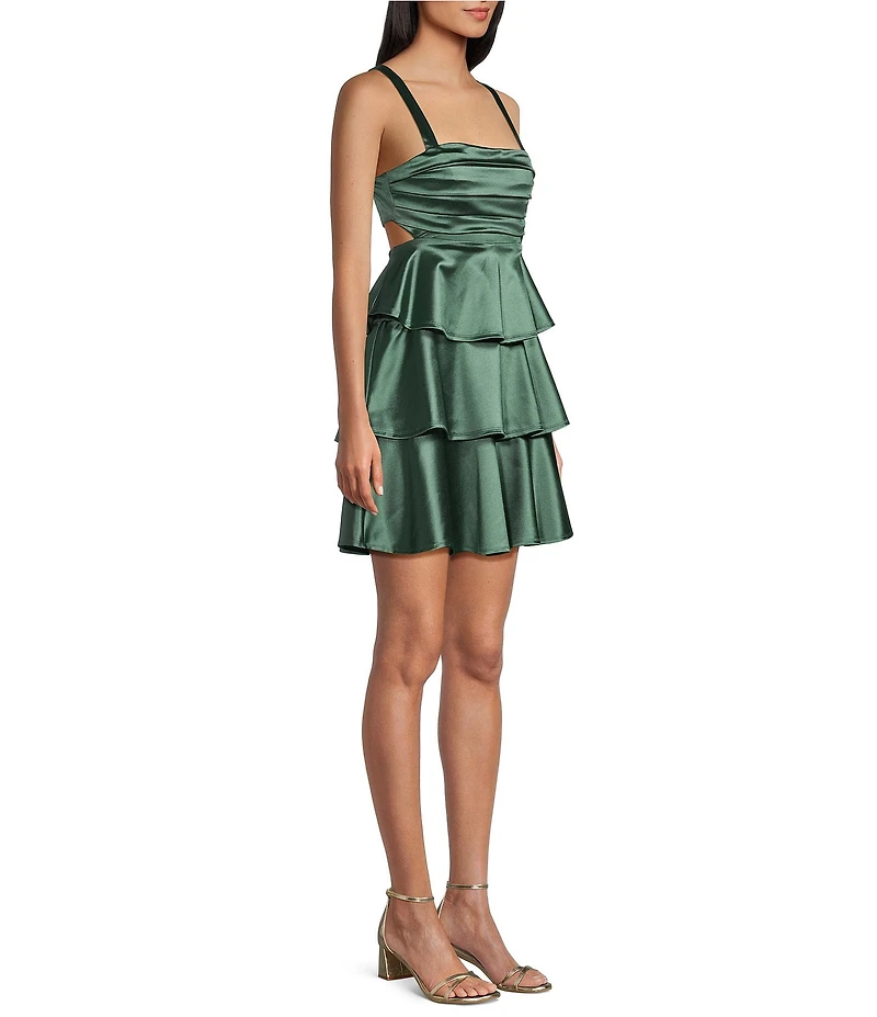 Honey and Rosie Sateen Square Neck Pleated Bodice Back Cut-Out Tiered Dress