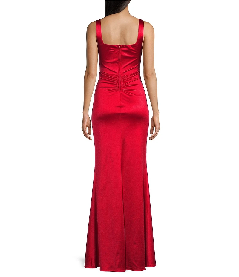 Honey and Rosie Sateen Square Neck Sleeveless Front Slit Gown