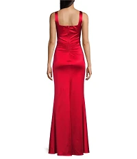 Honey and Rosie Sateen Square Neck Sleeveless Front Slit Gown