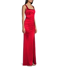 Honey and Rosie Sateen Square Neck Sleeveless Front Slit Gown