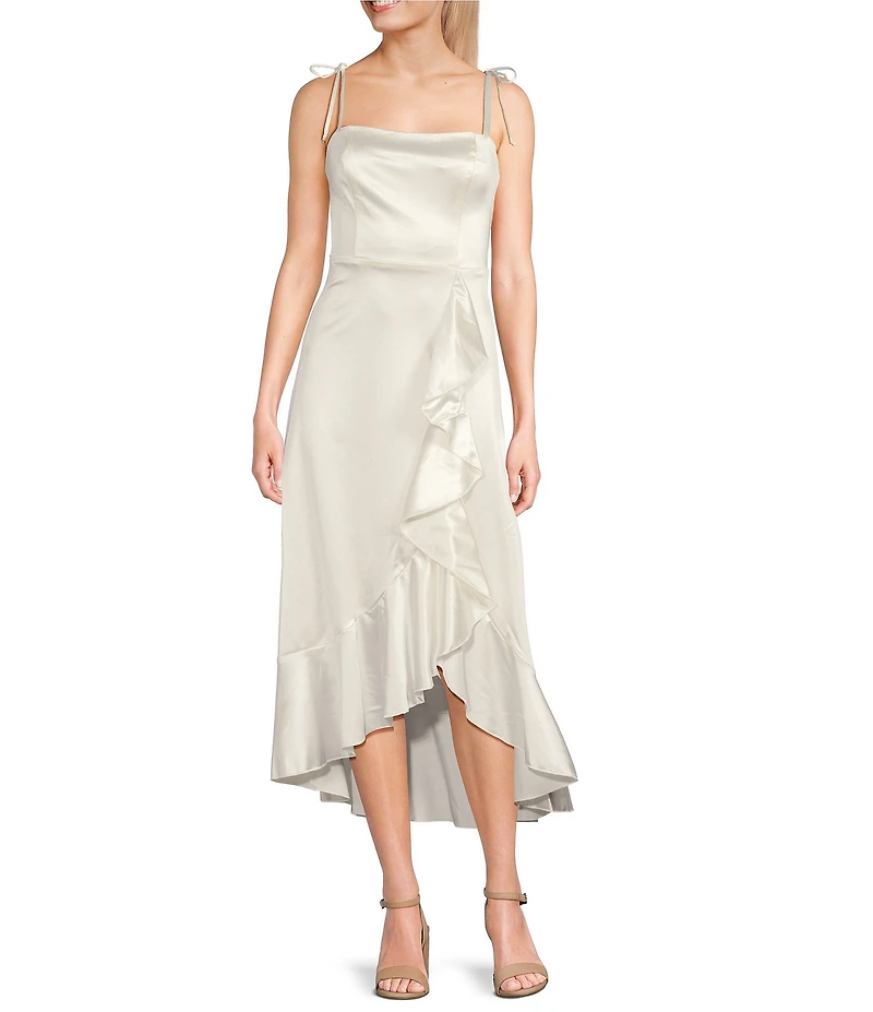 Honey and Rosie Sateen Square Neck Spaghetti Tie Strap Ruffle Midi Dress