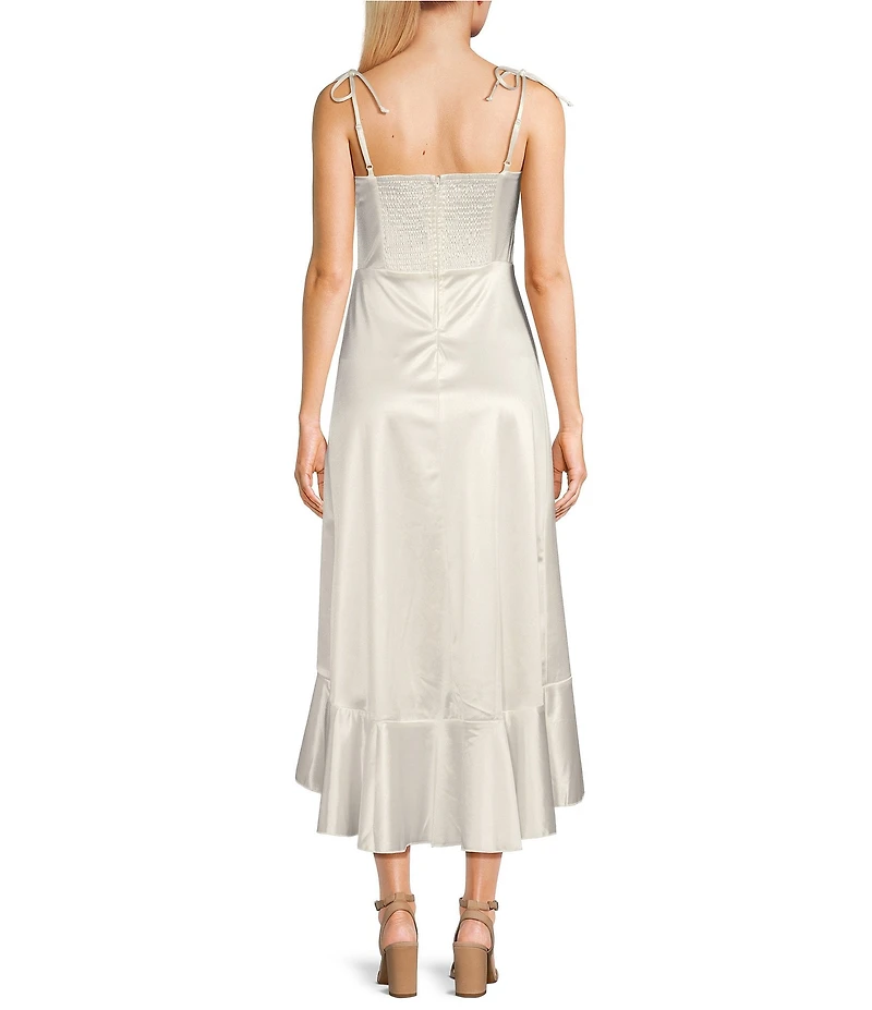 Honey and Rosie Sateen Square Neck Spaghetti Tie Strap Ruffle Midi Dress