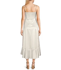 Honey and Rosie Sateen Square Neck Spaghetti Tie Strap Ruffle Midi Dress