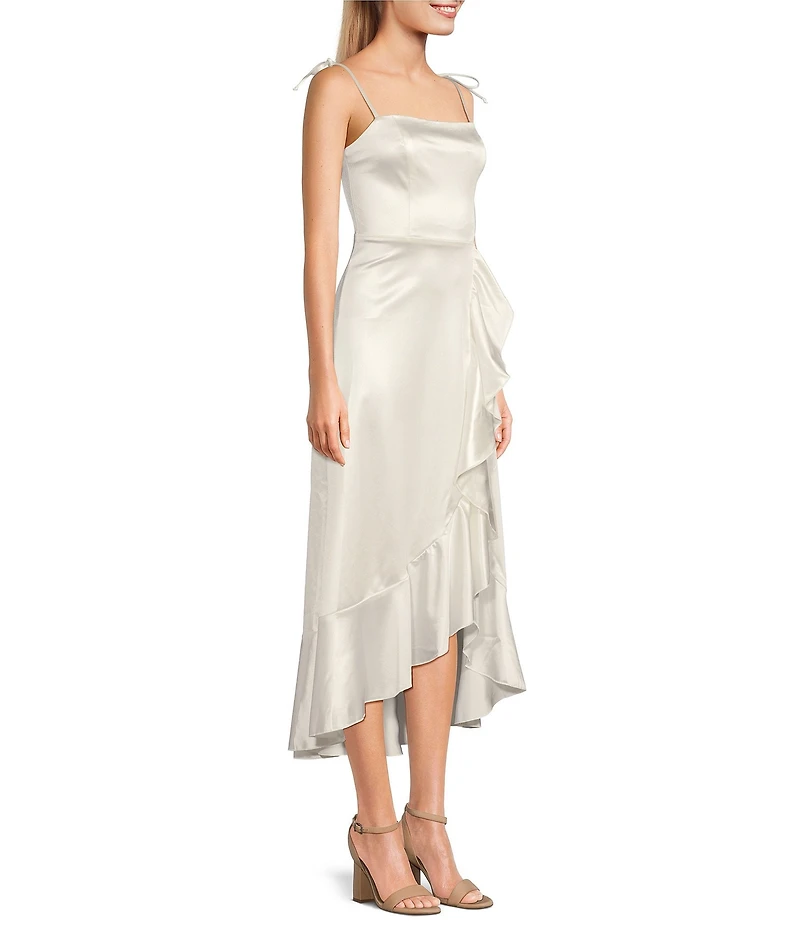 Honey and Rosie Sateen Square Neck Spaghetti Tie Strap Ruffle Midi Dress