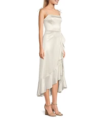 Honey and Rosie Sateen Square Neck Spaghetti Tie Strap Ruffle Midi Dress