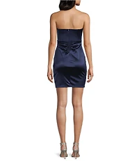 Honey and Rosie Sateen Strapless Pleated Twist Front Illusion Midriff Corset Inspired Dress