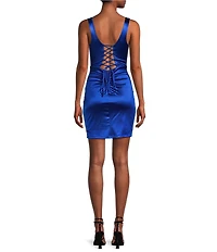 Honey and Rosie Sateen Sweetheart Neck Peek-A-Boo Lace Up Back Fitted Dress