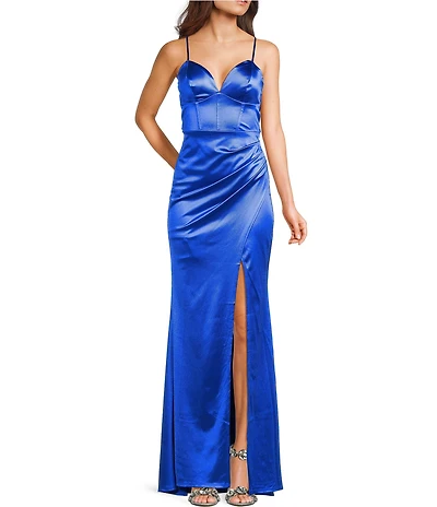 Honey and Rosie Sateen V-Neck Pleated Mermaid Gown