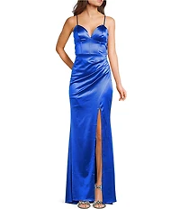 Honey and Rosie Sateen V-Neck Pleated Mermaid Gown