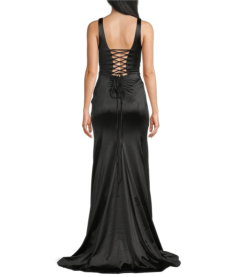 Honey and Rosie Sateen V-Neck Sleeveless Lace Up Back Pleated Dress