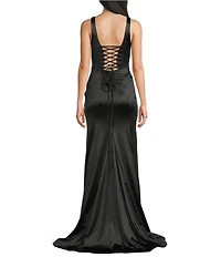 Honey and Rosie Sateen V-Neck Sleeveless Lace Up Back Pleated Dress