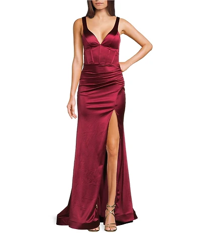 Honey and Rosie Sateen V-Neck Sleeveless Lace Up Back Pleated Dress