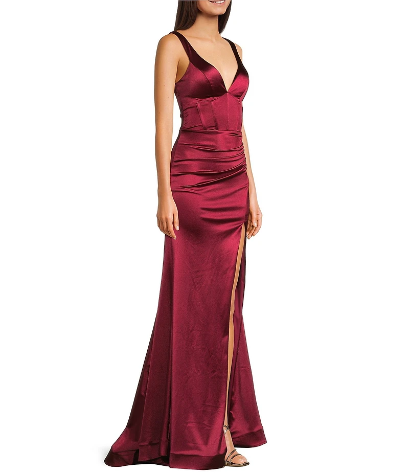 Honey and Rosie Sateen V-Neck Sleeveless Lace Up Back Pleated Dress