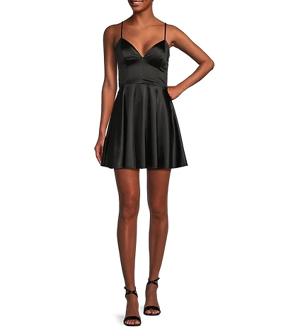 Honey and Rosie Sateen V-Neck Spaghetti Strap Fit & Flare Dress