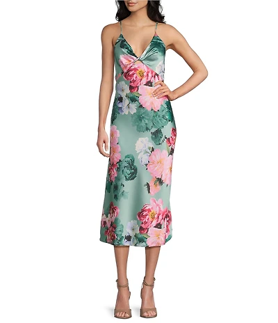 Honey and Rosie Satin Floral Printed Twist Front #double;X#double;-Back Midi Dress