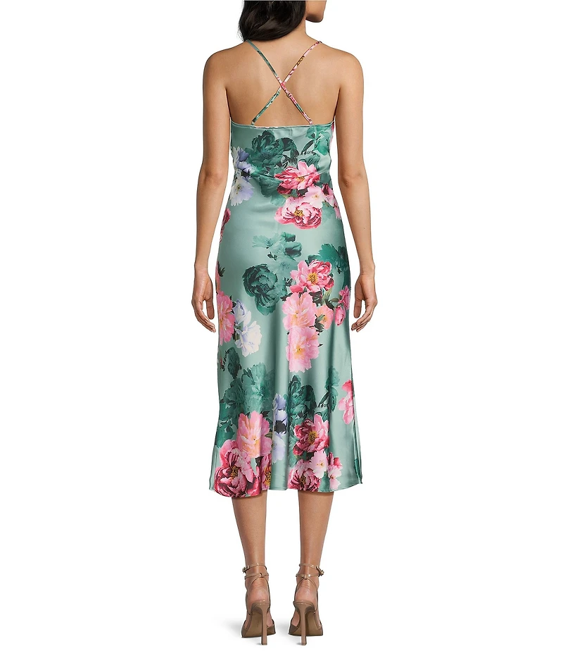 Honey and Rosie Satin Floral Printed Twist Front #double;X#double;-Back Midi Dress