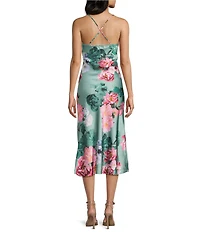 Honey and Rosie Satin Floral Printed Twist Front #double;X#double;-Back Midi Dress