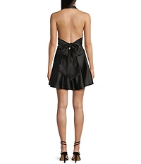 Honey and Rosie Satin Halter Deep V-Neck Tie Back Fit & Flare Dress