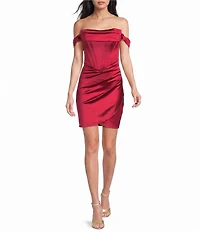 Honey and Rosie Satin Off The Shoulder Drape Cowl Neck Pleated Overlay Dress