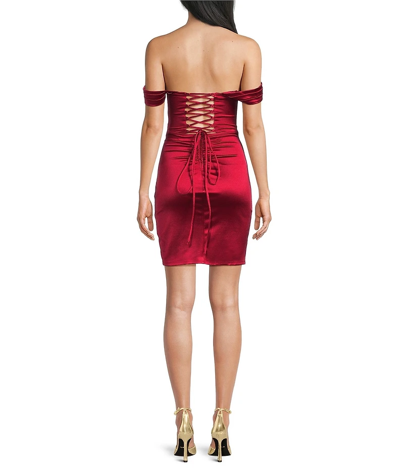 Honey and Rosie Satin Off The Shoulder Drape Cowl Neck Pleated Overlay Dress