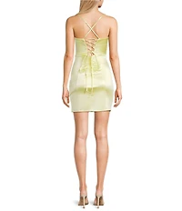 Honey and Rosie Satin Pleated Faux Wrap Lace Up Back Bodycon Dress
