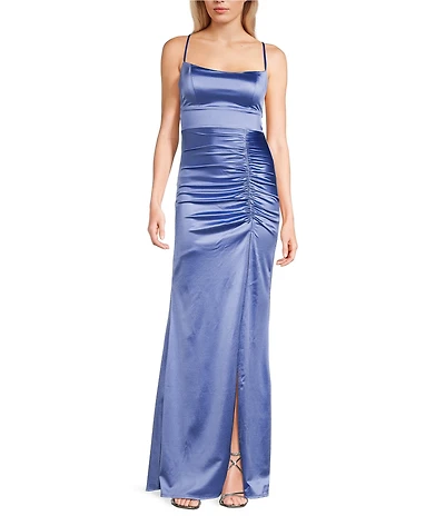 Honey and Rosie Satin Ruched Side Front Slit Lace-Up Back Long Dress
