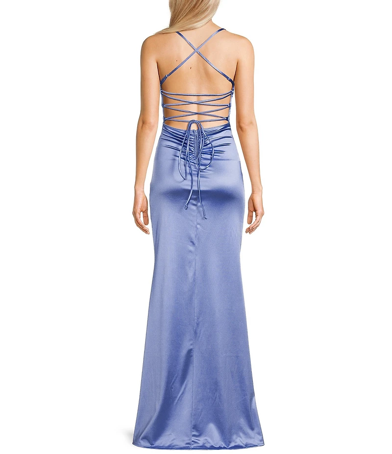 Honey and Rosie Satin Ruched Side Front Slit Lace-Up Back Long Dress