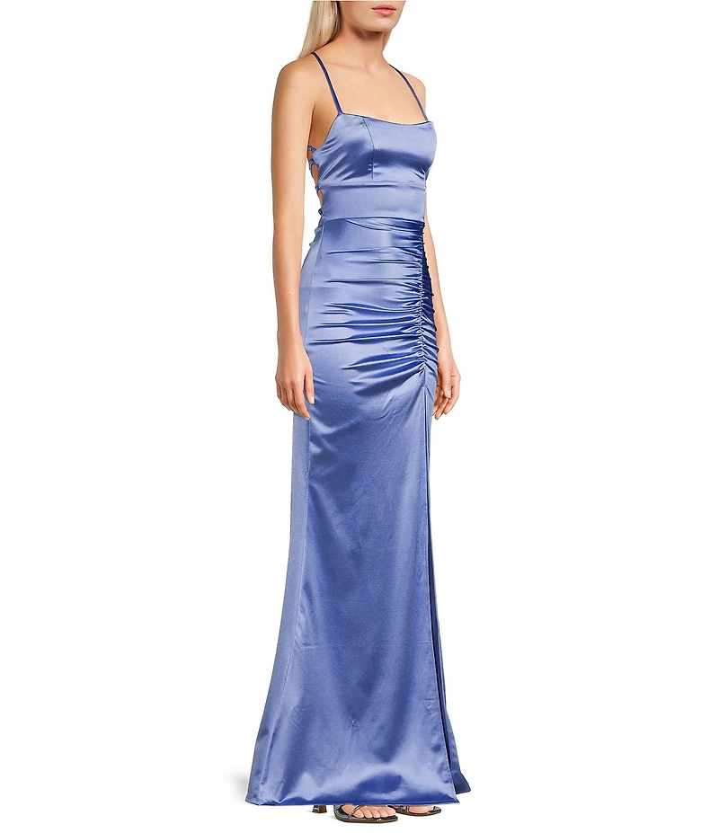 Honey and Rosie Satin Ruched Side Front Slit Lace-Up Back Long Dress