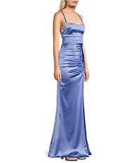 Honey and Rosie Satin Ruched Side Front Slit Lace-Up Back Long Dress