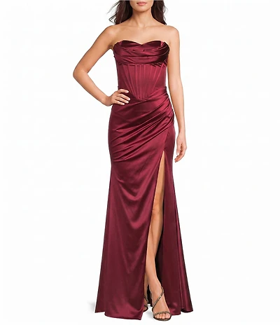 Honey and Rosie Satin Sweetheart Drape Neck Corseted Pleated Side Slit Dress