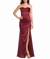 Honey and Rosie Satin Sweetheart Drape Neck Corseted Pleated Side Slit Dress