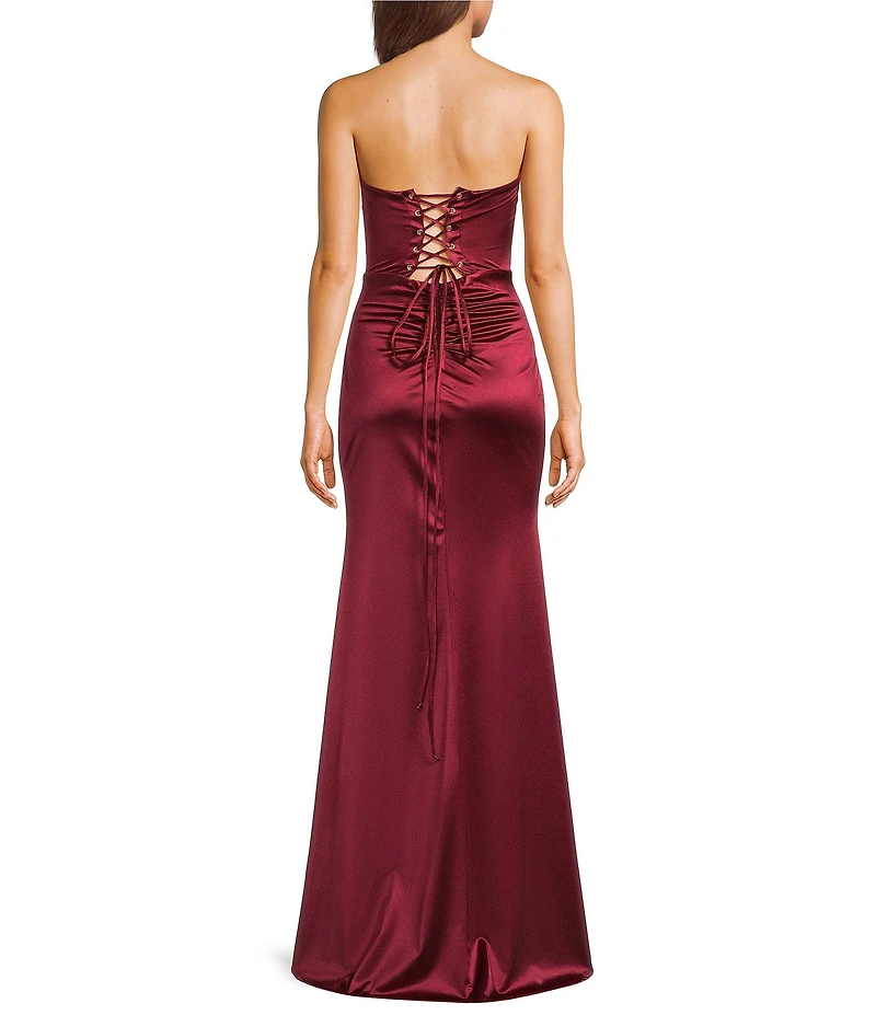 Honey and Rosie Satin Sweetheart Drape Neck Corseted Pleated Side Slit Dress