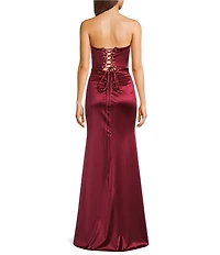 Honey and Rosie Satin Sweetheart Drape Neck Corseted Pleated Side Slit Dress