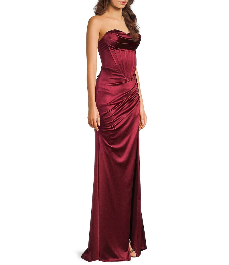 Honey and Rosie Satin Sweetheart Drape Neck Corseted Pleated Side Slit Dress