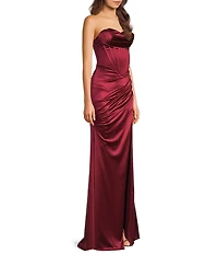 Honey and Rosie Satin Sweetheart Drape Neck Corseted Pleated Side Slit Dress