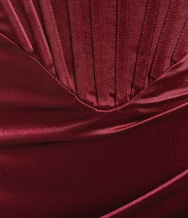 Honey and Rosie Satin Sweetheart Drape Neck Corseted Pleated Side Slit Dress