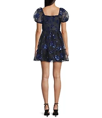 Honey and Rosie Sequin Embellished Organza V-Neck Puff Sleeve Fit And Flare Dress