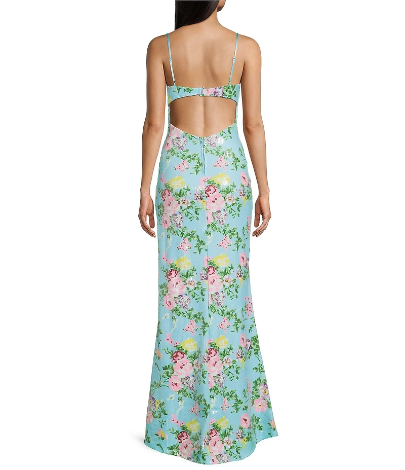 Honey and Rosie Sequin Floral Patterned Scoop Neck Back Cut Out Slip Long Dress