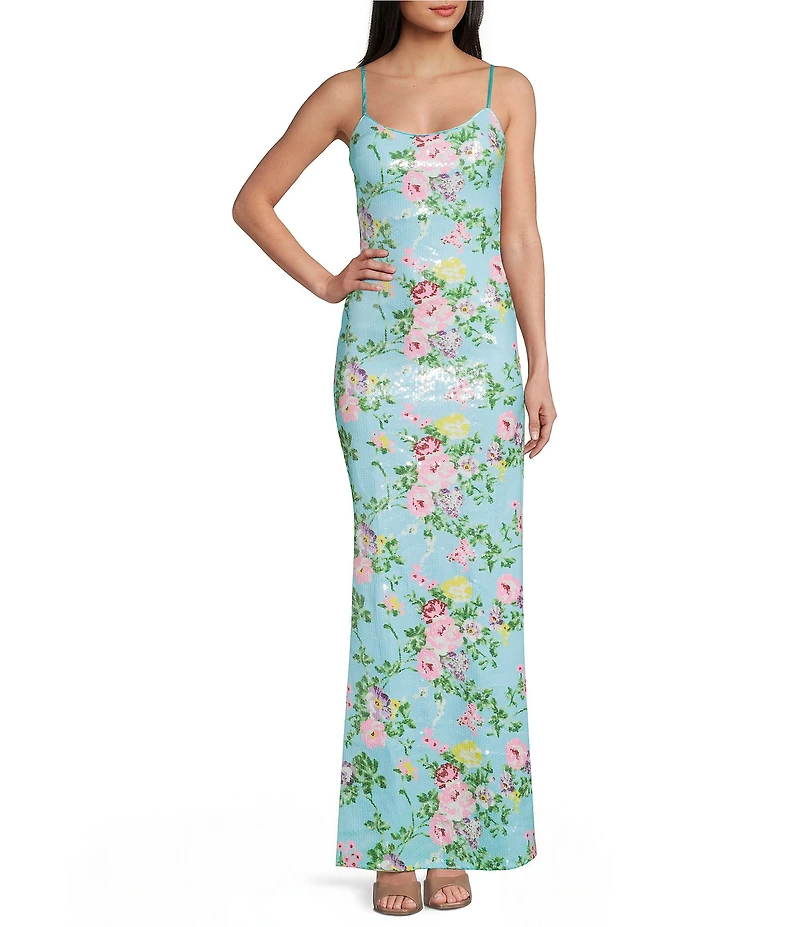 Honey and Rosie Sequin Floral Patterned Scoop Neck Back Cut Out Slip Long Dress