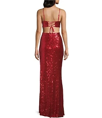 Honey and Rosie Sequin Lace-Up Back Cut-Out Long Dress
