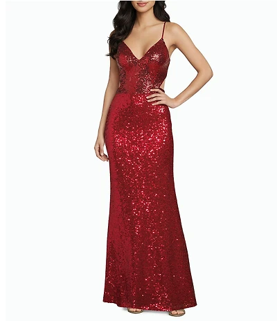 Honey and Rosie Sequin Lace-Up Back Cut-Out Long Dress