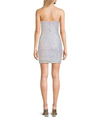 Honey and Rosie Sequin Mesh One Shoulder Double Spaghetti Strap Fitted Dress