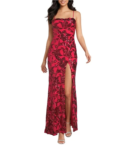 Honey and Rosie Sequin Patterned Straight Neck Side Slit Long Dress