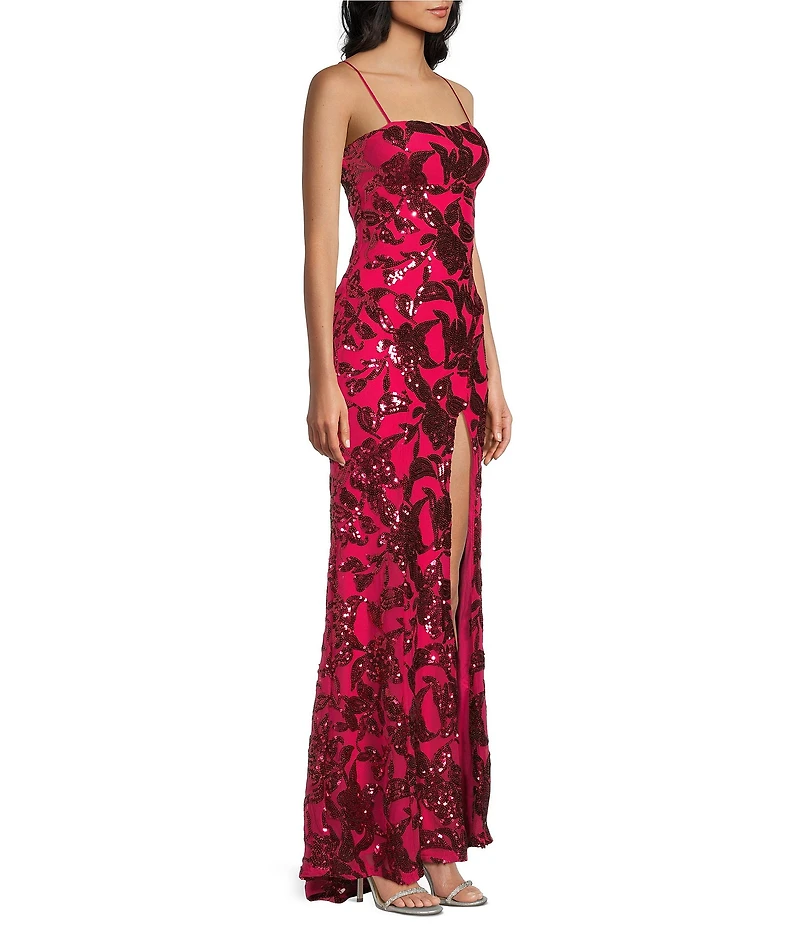 Honey and Rosie Sequin Patterned Straight Neck Side Slit Long Dress