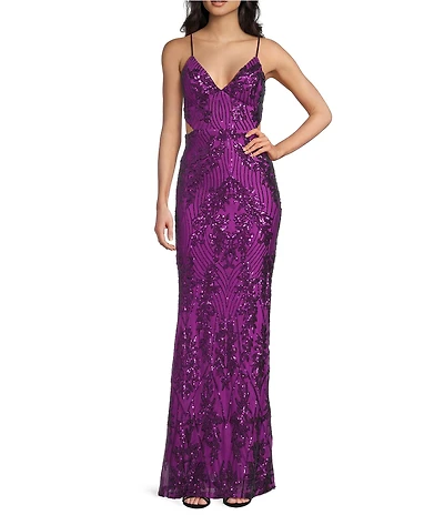 Honey and Rosie Sequin V-Neck Cut Out Lace Up Tie Back Mermaid Gown