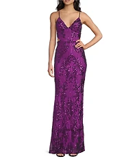 Honey and Rosie Sequin V-Neck Cut Out Lace Up Tie Back Mermaid Gown
