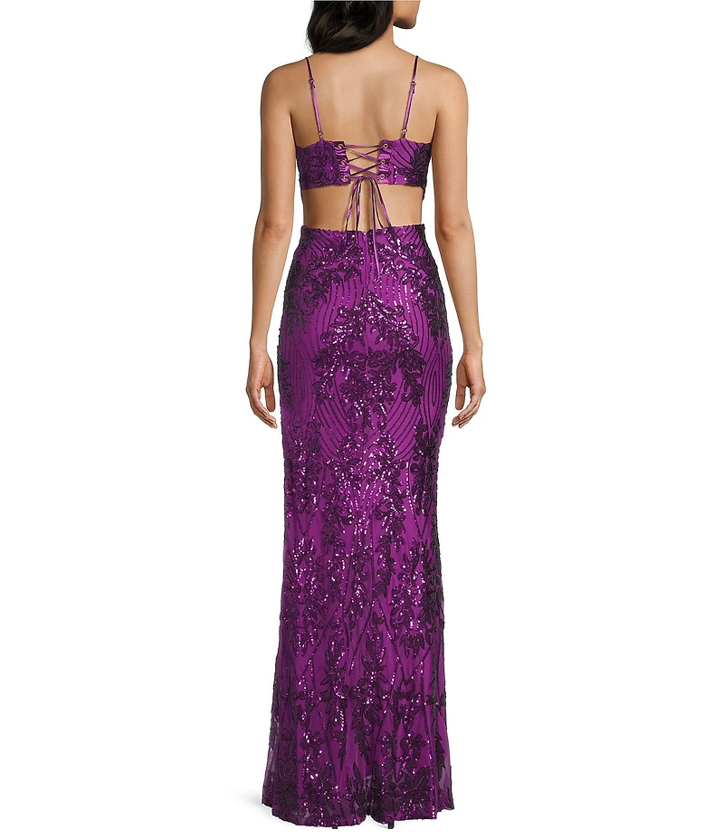 Honey and Rosie Sequin V-Neck Cut Out Lace Up Tie Back Mermaid Gown
